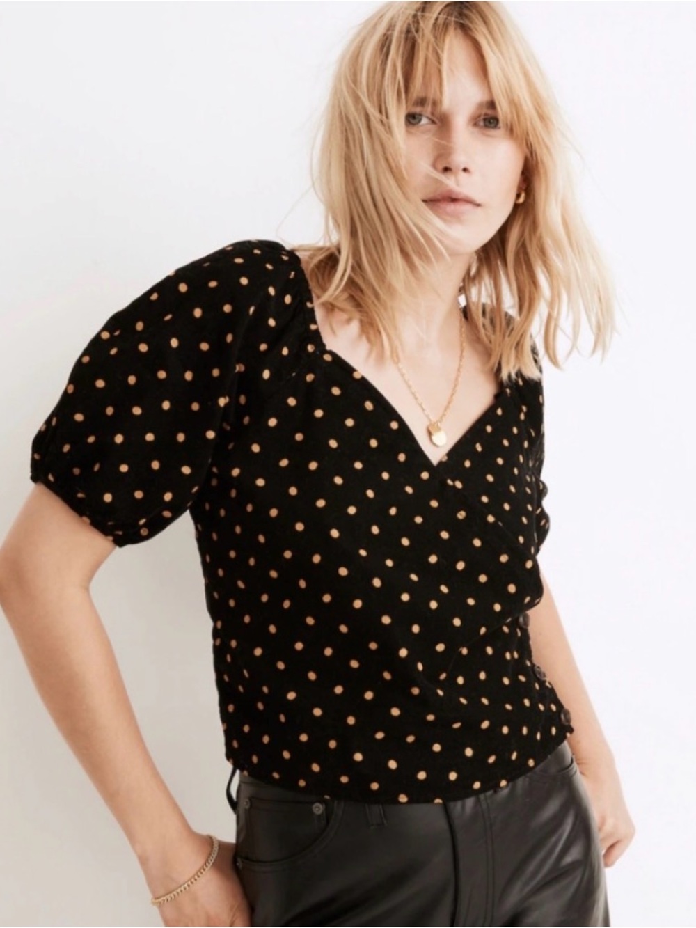 Madewell Black V-Neck Wrap Top with Tan Polka Dots